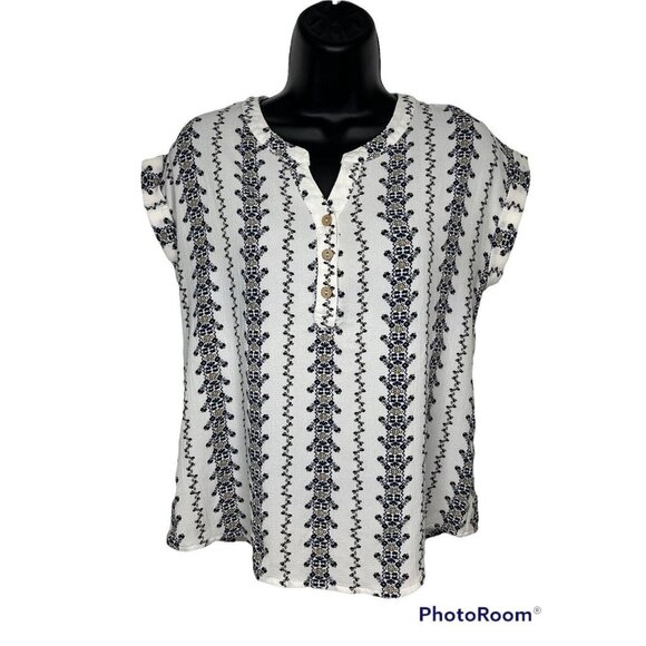 mine Tops - Mine Women's Blouse Top Cap Sleeves V-Neck Ruffles Casual Floral Beige Size S